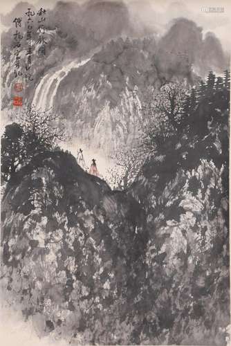 A CHINESE LANDSCAPE PAINTING, INK ON PAPER, HANGING SCROLL, ...