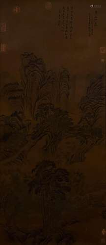 A CHINESE LANDSCAPE PAINTING, INK AND COLOR ON SILK, WANG ME...