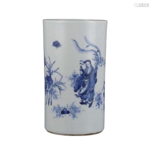 A BLUE AND WHITE FIGURE STORY BRUSH POT