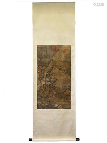 A CHINESE RECLUSE IN MOUNTAIN PAINTING, INK AND COLOR ON SIL...