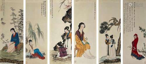 A CHINESE COURT LADY PAINTING, SIX PIECES, SILK MOUNTED ZHAN...