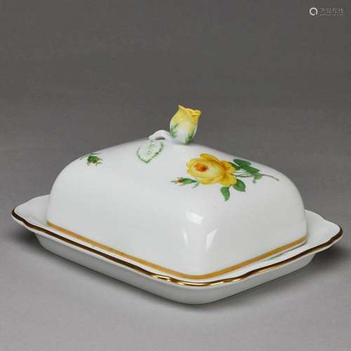 Rechteckige Butterdose - Gelbe Rose. Meissen 1995.