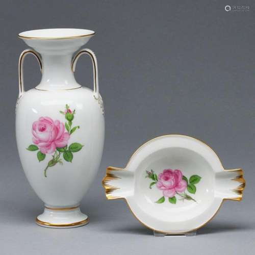 Amphorenvase und Aschenbecher Rote Rose, Meissen 1991 und 19...