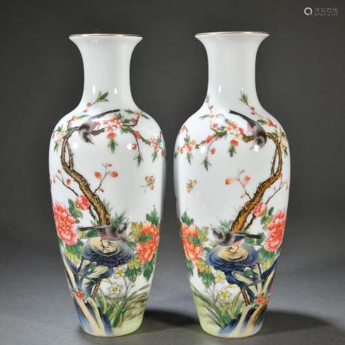 Pair of enamel flower and bird poetry vases