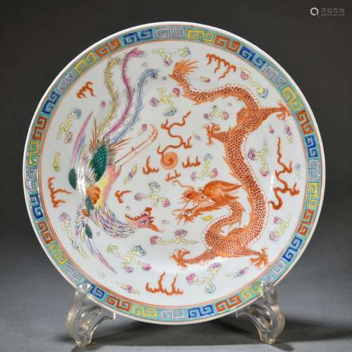Pastel Chinese dragon and phoenix plate with auspicious patt...