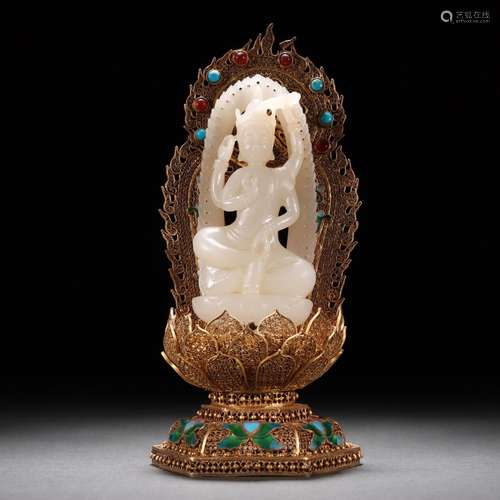 Silver Gilt Inlaid Hetian Jade Guanyin Ornament