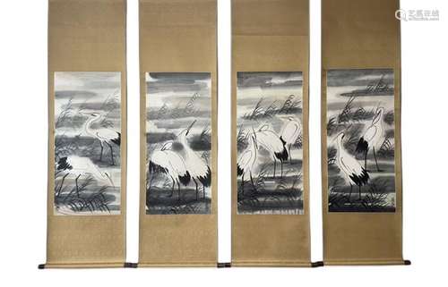 Lin FengmianFour screens of crane picture