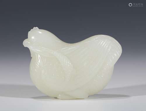 A CHINESE CARVED WHITE JADE CHICKEN WITH REED