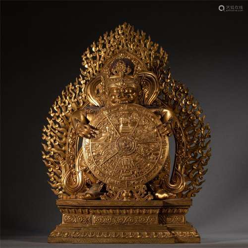 A VERY RARE AND UNUSUAL CHINESE BRONZE-GILT MAHAKALA