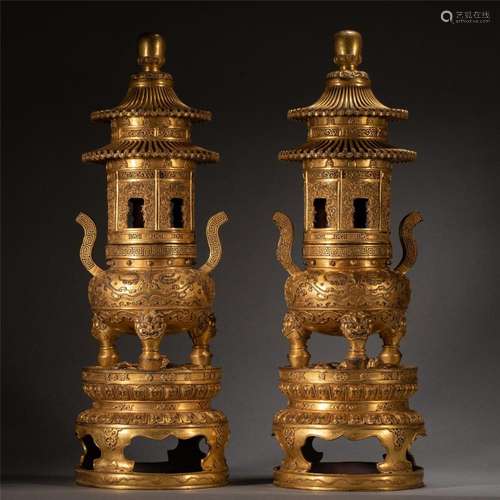 PAIR GREAT CHINESE BRONZE-GILT INCENSE BURNERS