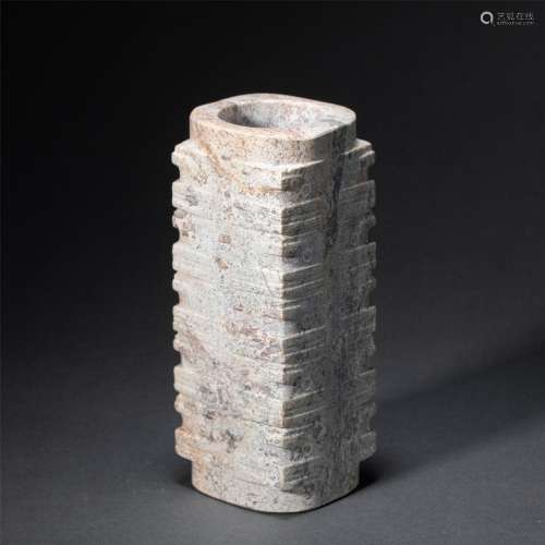 A CHINESE ARCHAISTIC CARVED JADE SQUARED CONG