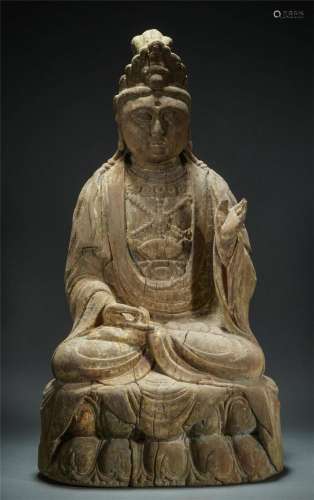 A Chinese Carved Wooden Figure of Guanyin