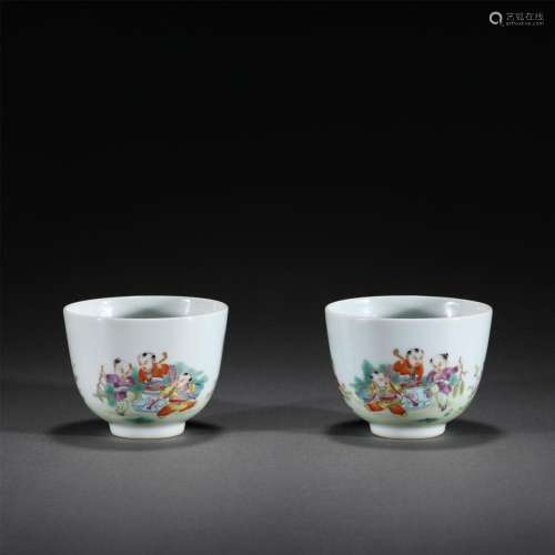 PAIR FAMILLE ROSE FIGURAL STORY CUPS