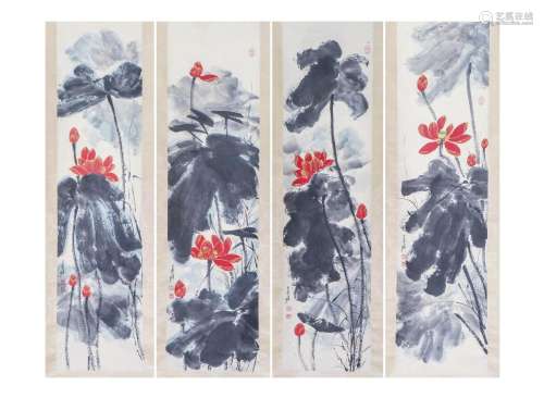 A GROUP OF FOUR CHINESE PAINTINGS OF LOTUS SIGNED ZHANG DAQI...