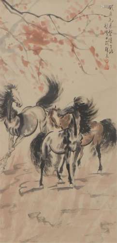 A CHINESE PAINTING OF HORSES SIGNED XU BEIHONG