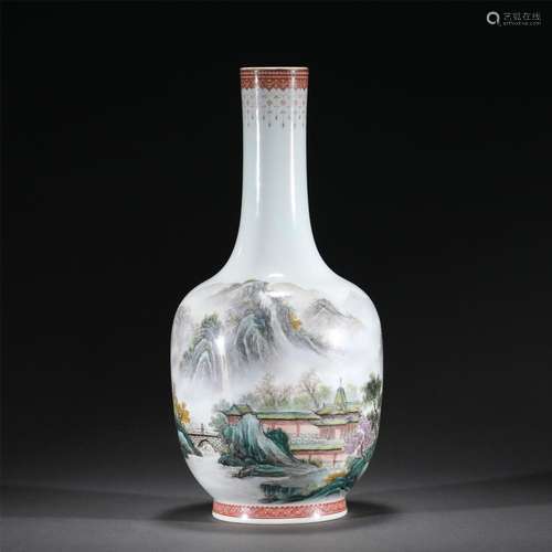 A FAMILLE ROSE LANDSCAPE VASE