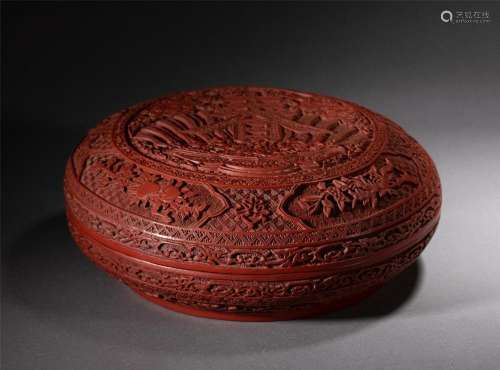 A CHINESE CARVED CINNABAR LACQUER BOX WITH COVER