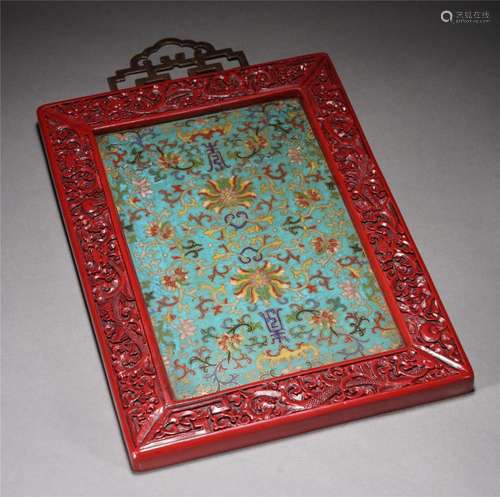 A CHINESE CLOISONNE ENAMEL LOTUS SCROLLS HANGING PANEL