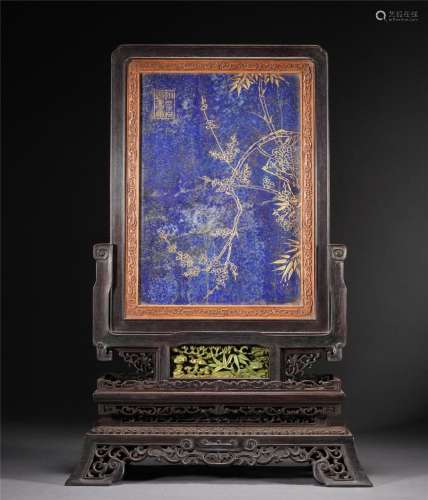 A CHINESE LAPIS PANEL INLAID ROSEWOOD TABLE SCREEN