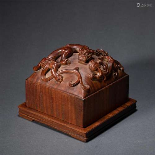 A CHINESE CARVED ALOBESWOOD CHILONG SEAL