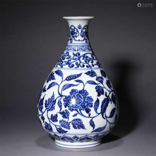 A CHINESE BLUE AND WHITE PEONY SCROLLS VASE YUHUCHUNPING