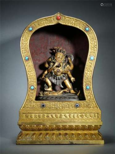 A Rare Bronze-gilt Mahakala with Shrine