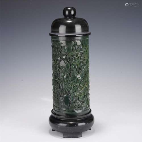 A CHINESE CARVED SPINACH GREEN JADE INCENSE BURNER