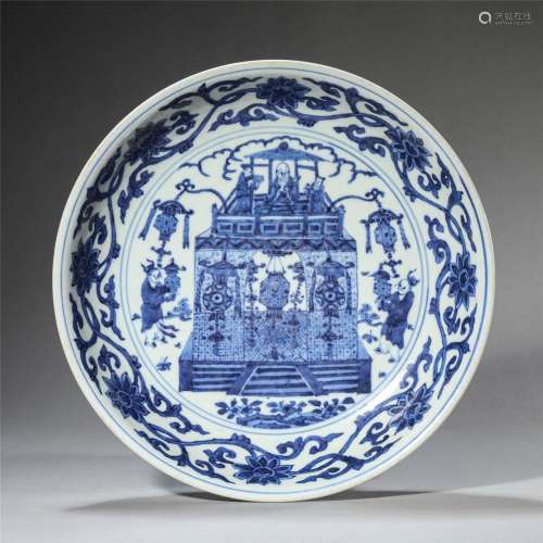 A CHINESE BLUE AND WHITE FIGURAL STORY PLATE
