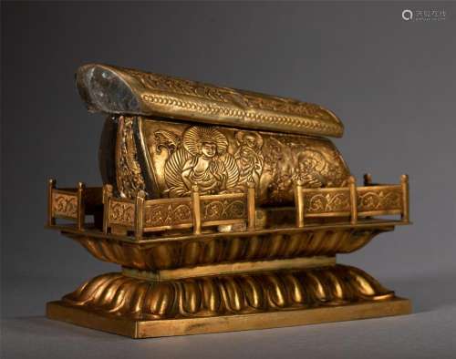 A CHINESE BRONZE-GILT COFFIN-FORM RELICS CONTAINER