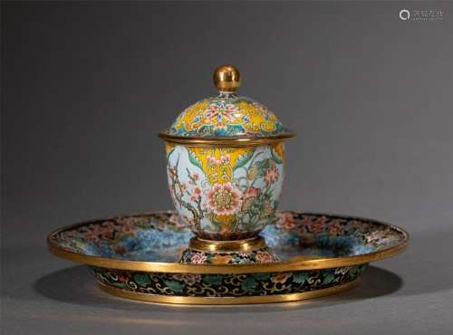 A CHINESE PAINTED ENAMEL CUP WITH TRAY