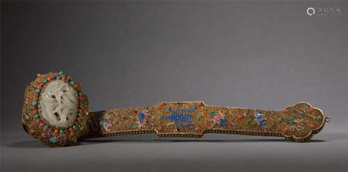 A CHINESE JADE PANELS INLAID SILVER-GILT RUYI SCEPTER