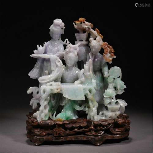 A CHINESE CARVED JADEITE BEAUTIES DECORATION