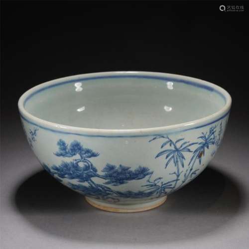 A CHINESE BLUE AND WHITE THREE FRIEND OF WINTER BOWL