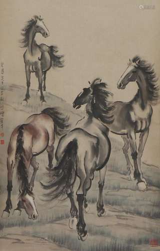 A CHINESE PAINTING OF HORSES SIGNED XU BEIHONG