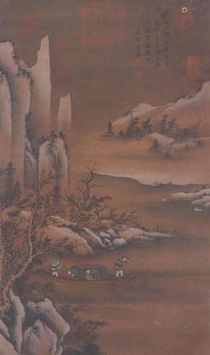 A CHINESE PAINTING OF LANDSCAPE AND FIGURES SIGNED TANG YIN