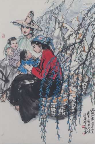 A CHINESE PAINTING WITH FIGURES AND GEESE SIGNED AN GUOLIANG