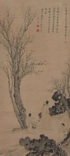 A CHINESE PAINTING OF FIGURES IN GARDEN