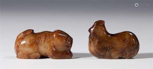 TWO CHINESE CARVED JADE CHICKEN AND TIGER
