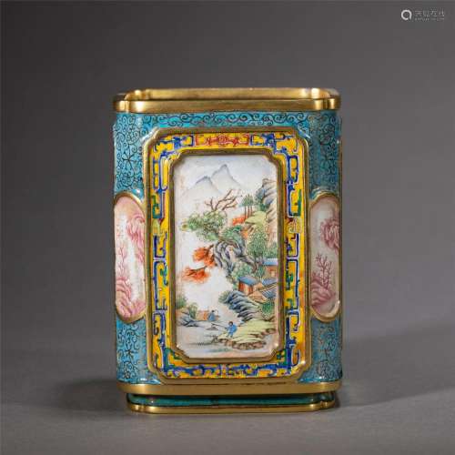 A CHINESE PAINTED ENAMEL BRUSHPOT