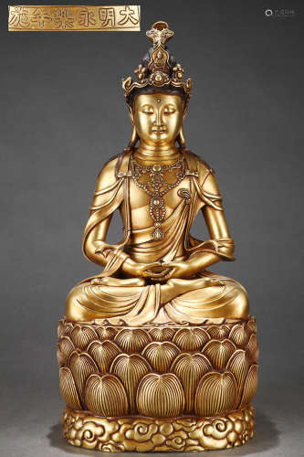 旧藏大明永乐款精铸紫铜胎鎏金观世音菩萨坐像