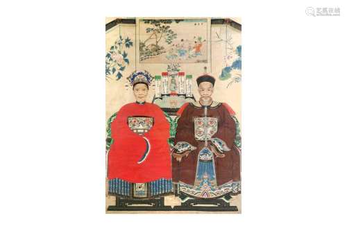 A CHINESE DOUBLE ANCESTRAL PORTRAIT 晚清 祖先像