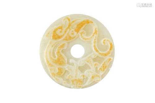 A CHINESE CELADON AND RUSSET JADE ARCHAISTIC 'CHILONG' DISC,...