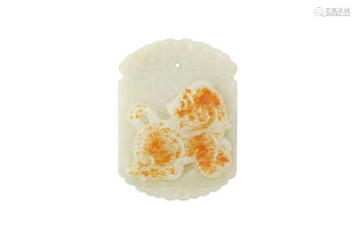A CHINESE CELADON AND RUSSET JADE 'LION DOG' PLAQUE 二十世紀...