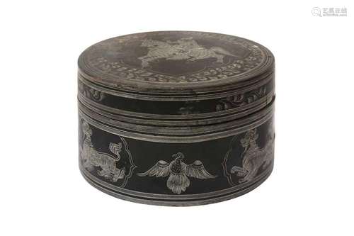 A BURMESE INCISED BLACK LACQUER 'EQUESTRIAN' BETEL-BOX AND C...