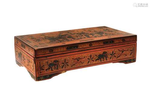 A LARGE BURMESE RED AND BLACK LACQUER 'ELEPHANTS' BOX AND CO...