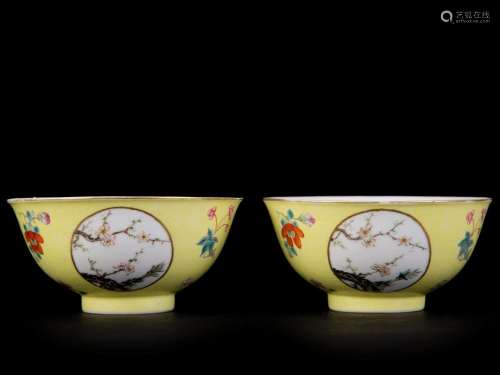 A PAIR OF YELLOW-GROUND SCRATCHED CUPS QING HUA ZHEN PIN MAR...