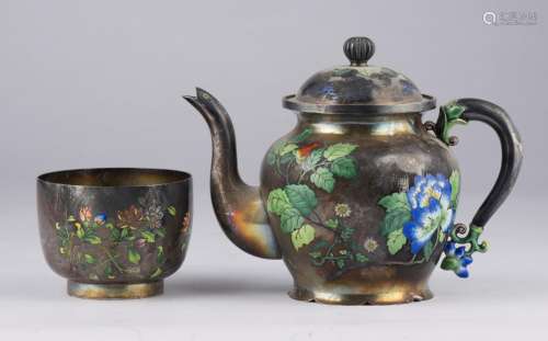 ENAMELLED SILVER TEAPOT AND CUP