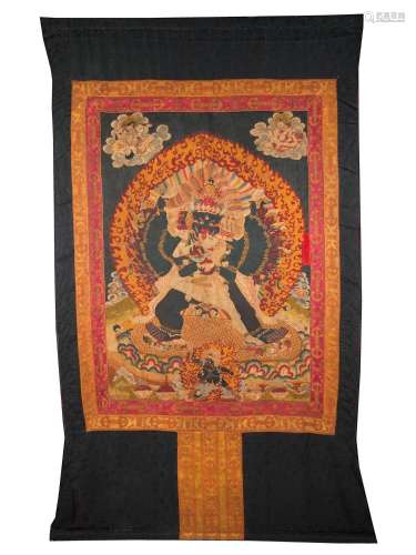 RARE EMBROIDERED THANGKA DEPICTING VAJRABHAIRAVA WITH CONSOR...