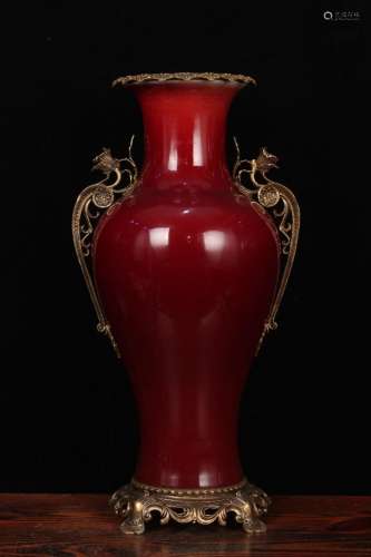 - ji red glaze fishtail copper inlay porcelain bottle53.5 cm...