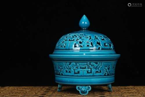 - peacock blue glazed hollow out carving longnu aroma stove1...